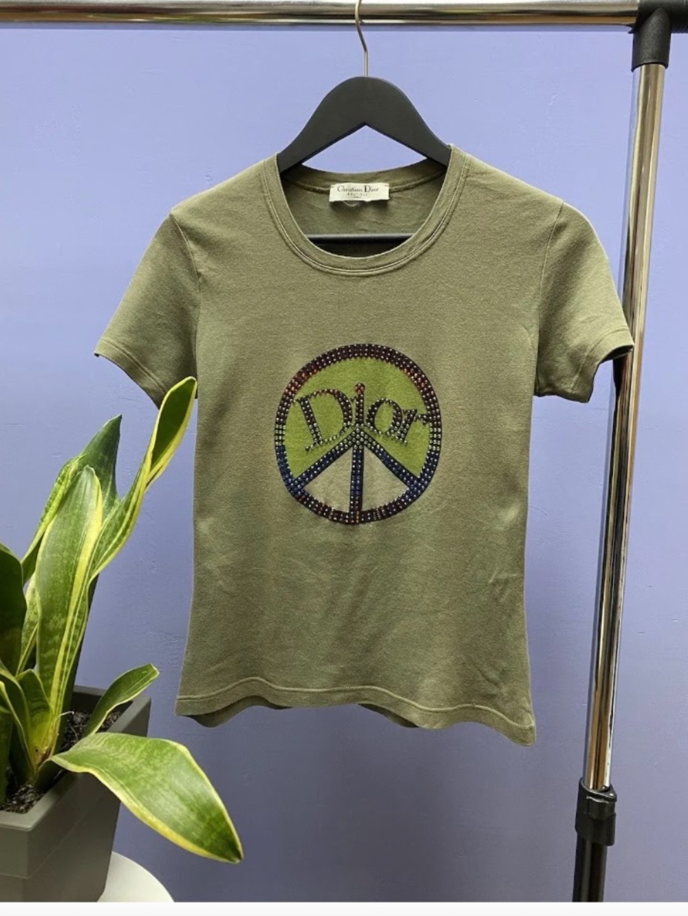 Dior Olive and Multicolor Studded Peace Logo Tee